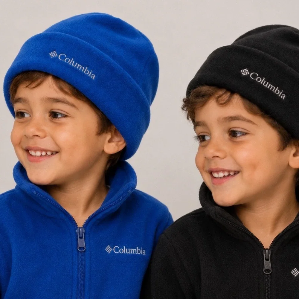 Columbia Kids Youth L/XL Fleece Beanie Hat Bundle Black Blue CY0079 Set of 2